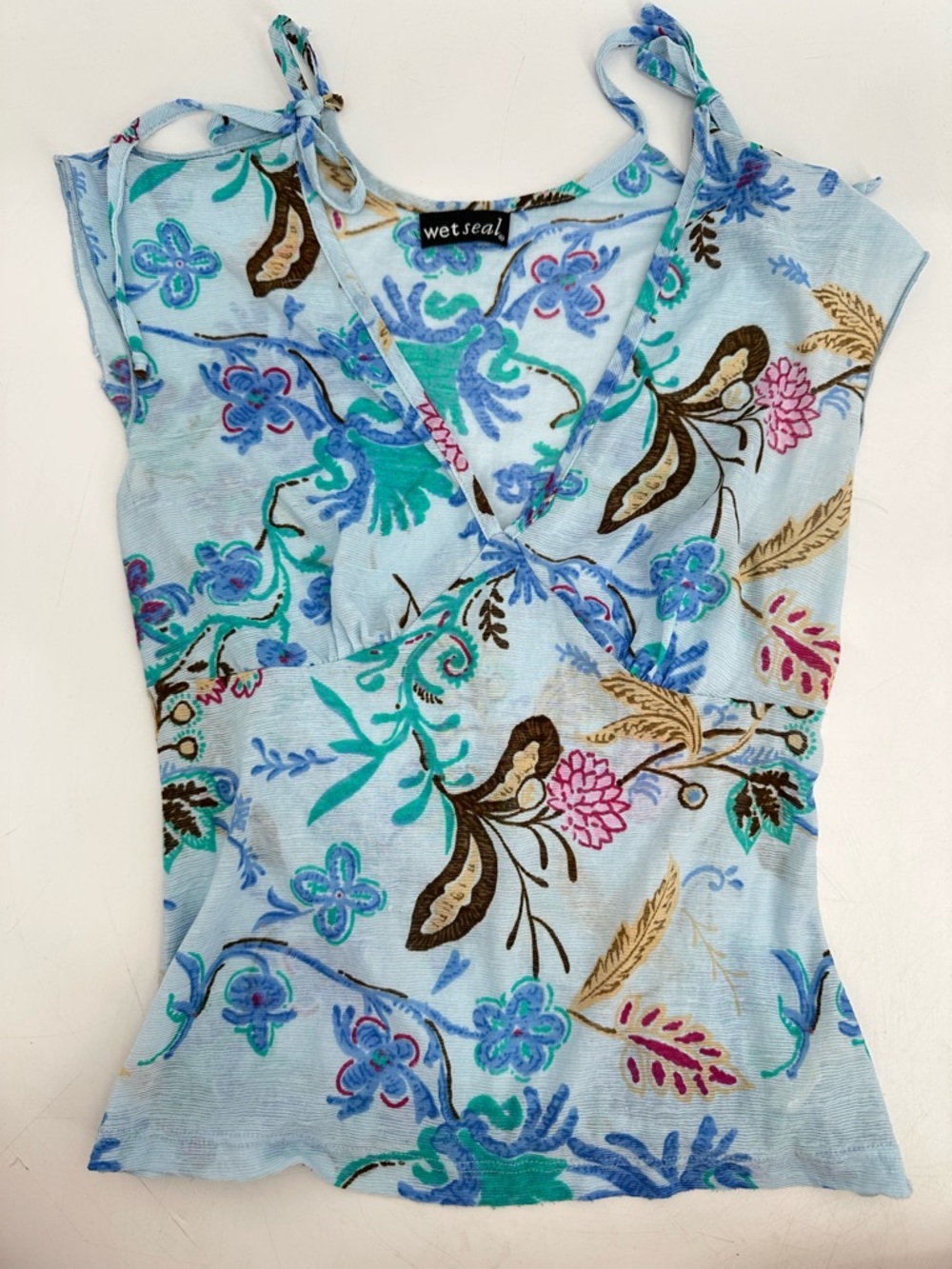 Y2K Wet Seal Floral Tie Shoulder Tank Top Women’s Small Blue Lightweight V-Neck